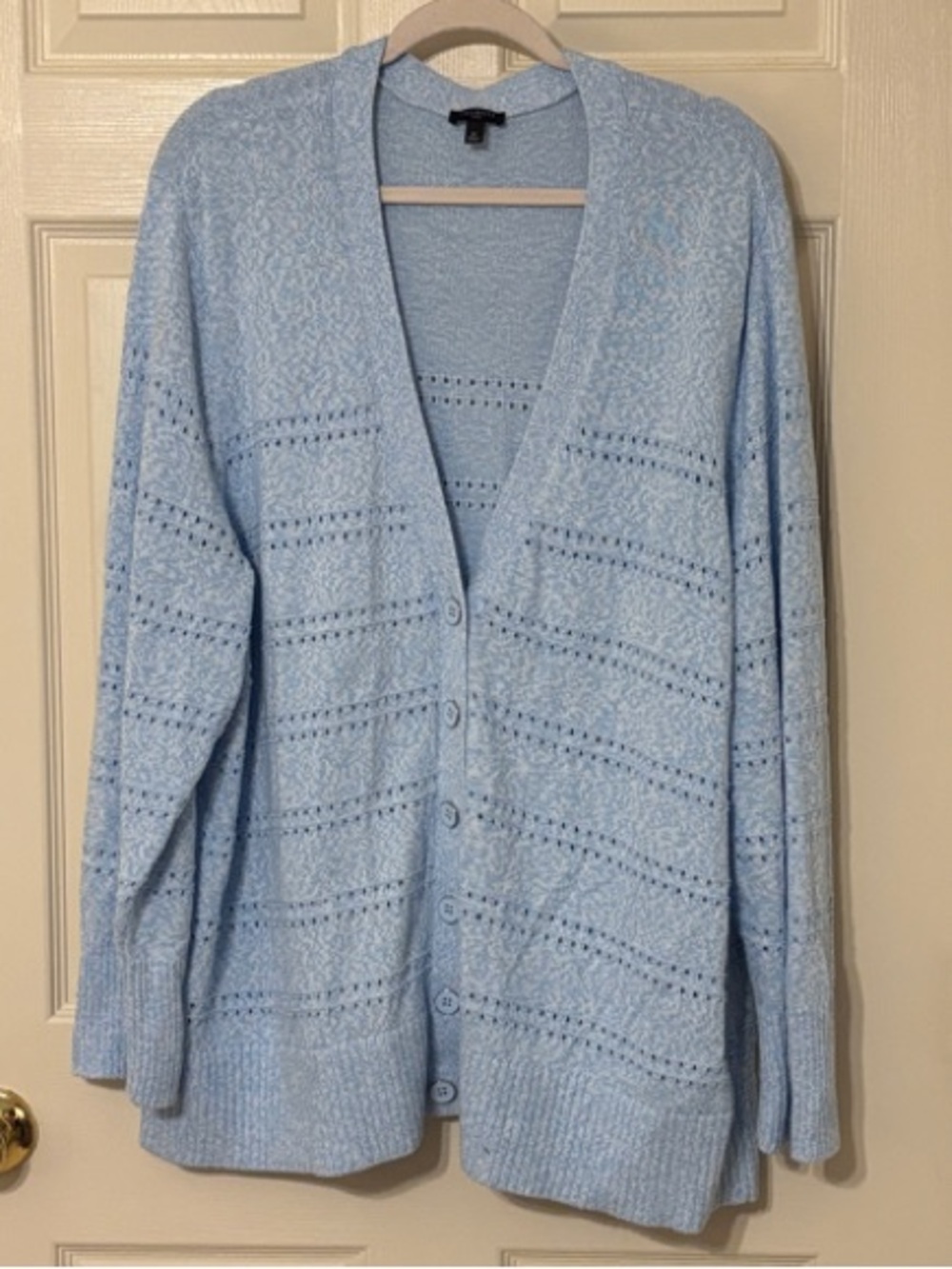 Talbots Cotton Pale Blue Open-Knit Button Cardigan